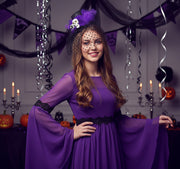 Halloween Top Hat Fascinator with Veil, Purple Feather & Large Plastic Skull