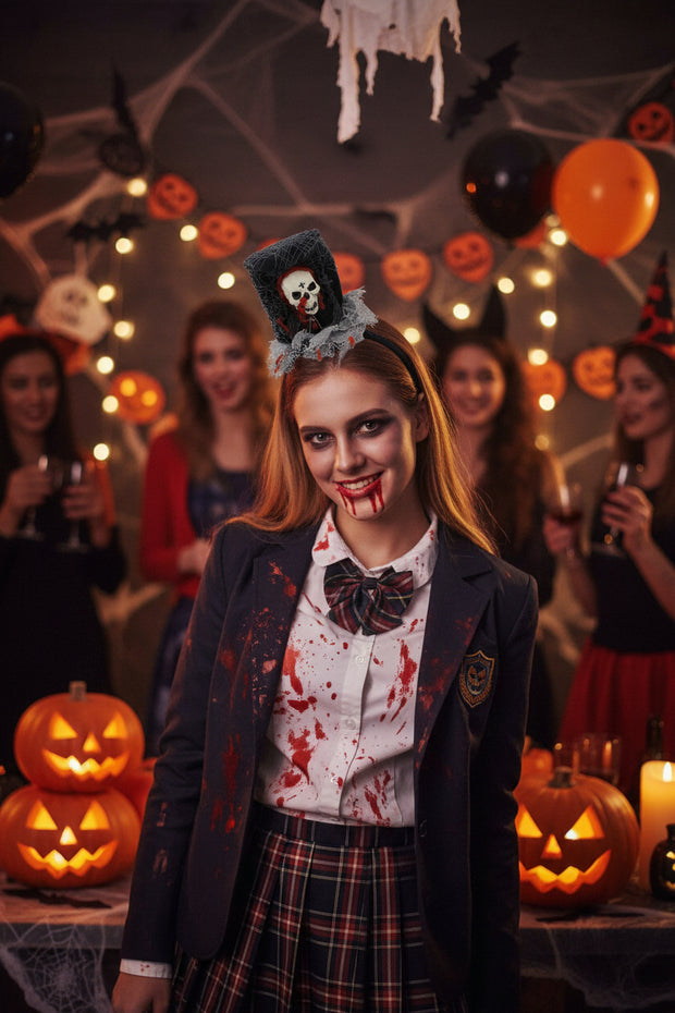 Halloween Top Hat Fascinator with Cobwebs, Blood Effect & Large Plastic Skull