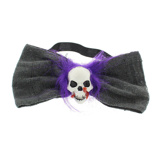 Skully Halloween Hair Bow with Purple Feathers