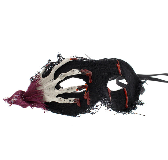 Frayed Black Mask with Attached Skeleton Hand & Dripping Blood