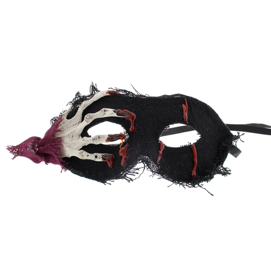 Frayed Black Mask with Attached Skeleton Hand & Dripping Blood