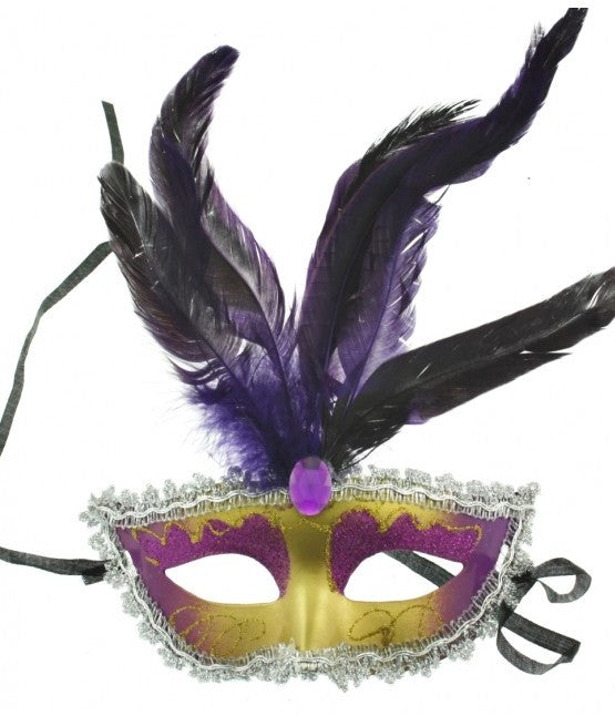 Glitter Mask with Feathers & Gem Stone