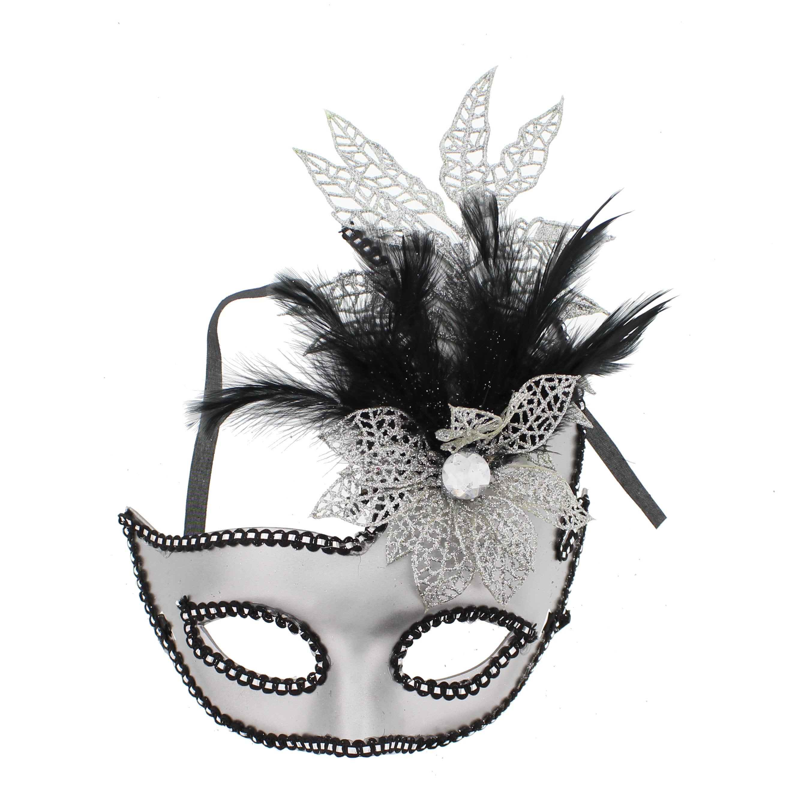 Flower & Large Glitter Leaf Plastic Mask with Feather