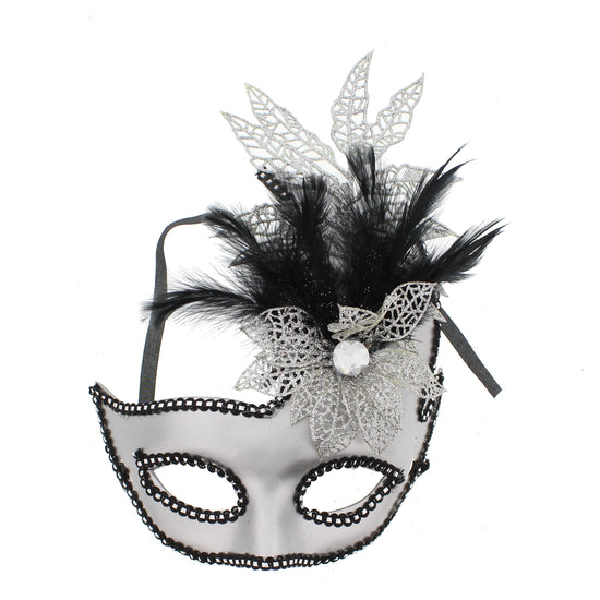 Flower & Large Glitter Leaf Plastic Mask with Feather
