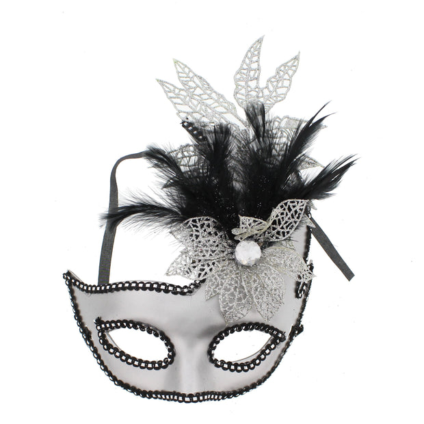 Shiny Plastic Mask with Feather, Glitter Flower & Large Glitter Leaf