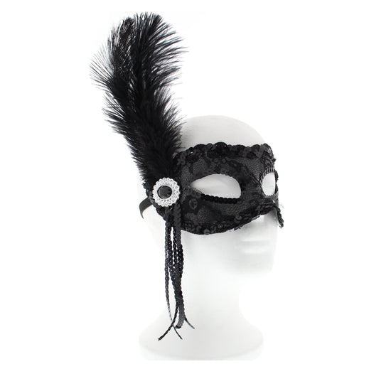 Sequin Strings & Jewel Lace Mask with Feather
