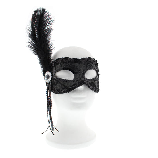 Sequin Strings & Jewel Lace Mask with Feather
