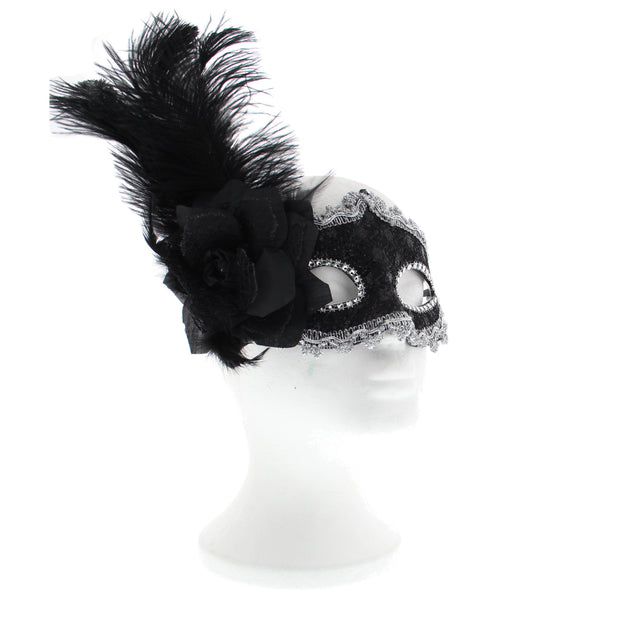 Black Lace Masquerade Mask with Gold or Silver Trim, Flower & Feather