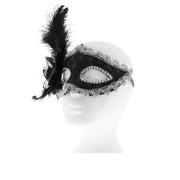 Black Lace Masquerade Mask with Gold or Silver Trim, Flower & Feather