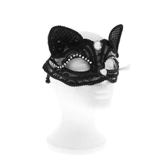 Black Lace Cat Mask with Sequins, Stones & Whiskers