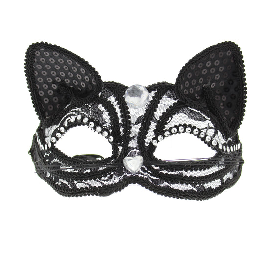 Black Lace Cat Mask with Sequins, Stones & Whiskers