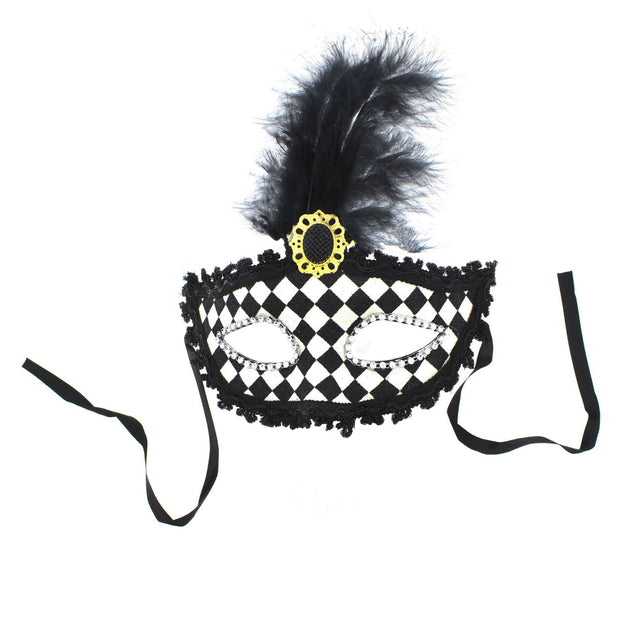 Black & White Chequered Lace Mask with Feather and Jewels