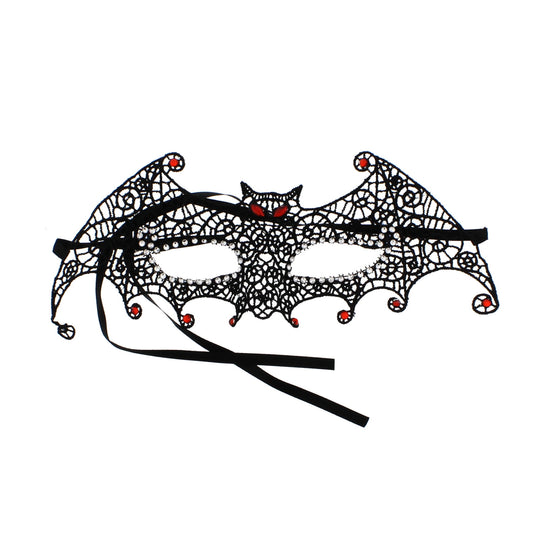Black Lace Bat Mask with Crystal Stone Eyelets & Red Jewels
