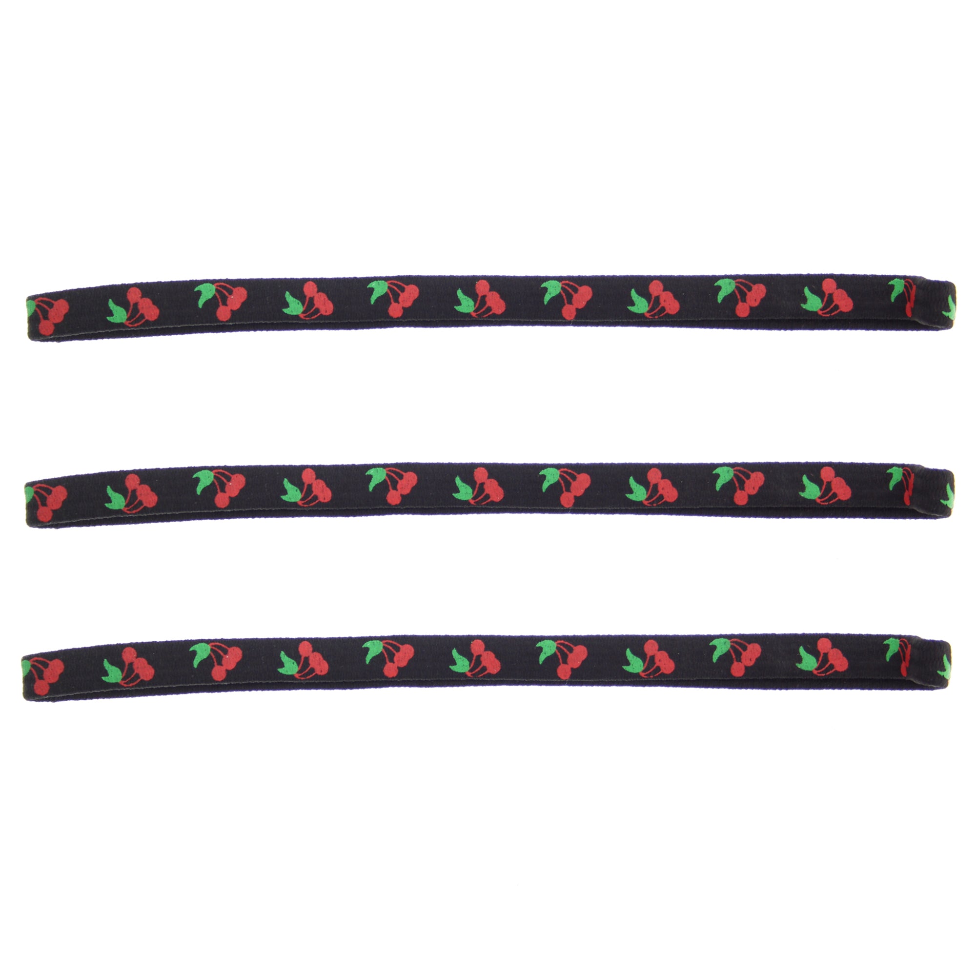 3 on a Card Cherry Print Black Metal Free Head Elastics