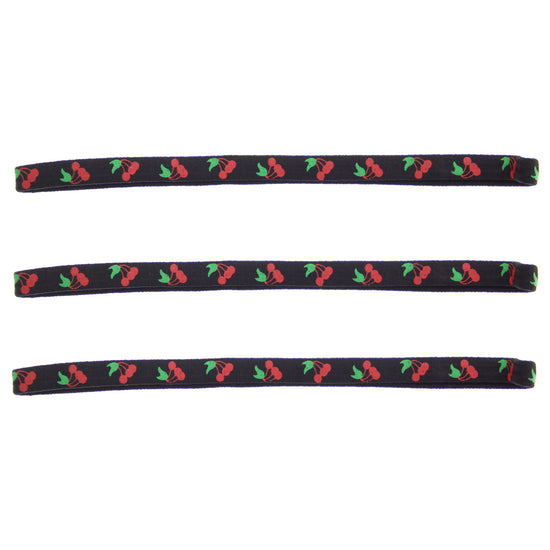 3 on a Card Cherry Print Black Metal Free Head Elastics