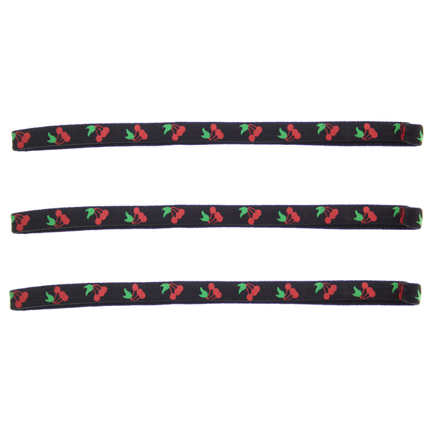 3 on a Card Cherry Print Black Metal Free Head Elastics
