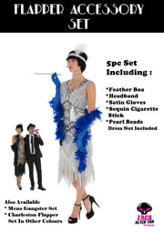 Fancy Dress 5 Piece Charleston Flapper Set - Pearl Bead Necklace, Long Satin Gloves, Feather Boa, Charleston Headband & Sequin Cigarette Stick Holder