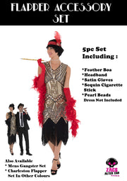 Fancy Dress 5 Piece Charleston Flapper Set - Pearl Bead Necklace, Long Satin Gloves, Feather Boa, Charleston Headband & Sequin Cigarette Stick Holder