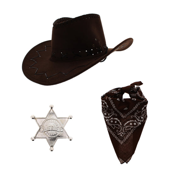 Assorted Colour 3 Piece Brown Hat Cowboy Set