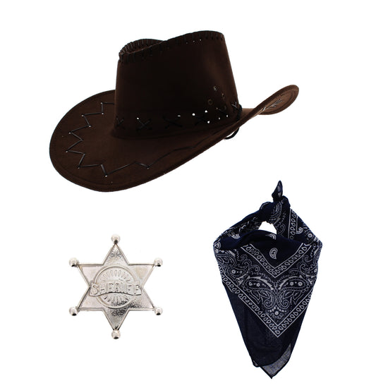 Assorted Colour 3 Piece Brown Hat Cowboy Set