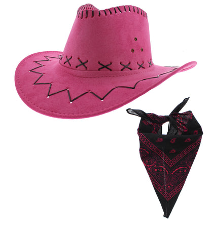 Assorted Colour 2 Piece Cowboy Set - Pink Hat, Assorted Bandanas