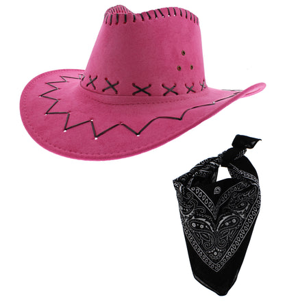 Assorted Colour 2 Piece Cowboy Set - Pink Hat, Assorted Bandanas