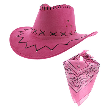 Assorted Colour 2 Piece Cowboy Set - Pink Hat, Assorted Bandanas