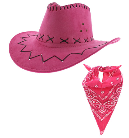 Assorted Colour 2 Piece Cowboy Set - Pink Hat, Assorted Bandanas