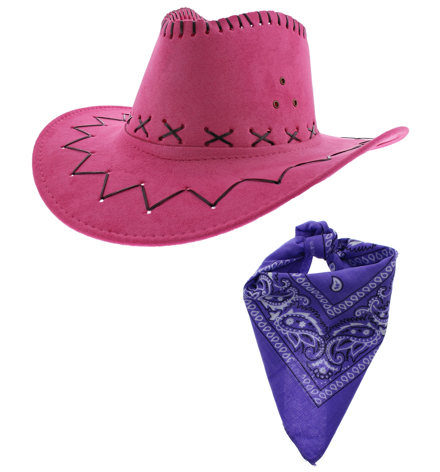 Assorted Colour 2 Piece Cowboy Set - Pink Hat, Assorted Bandanas
