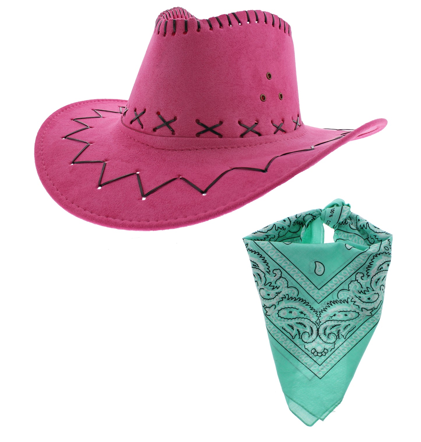 Assorted Colour 2 Piece Cowboy Set - Pink Hat, Assorted Bandanas