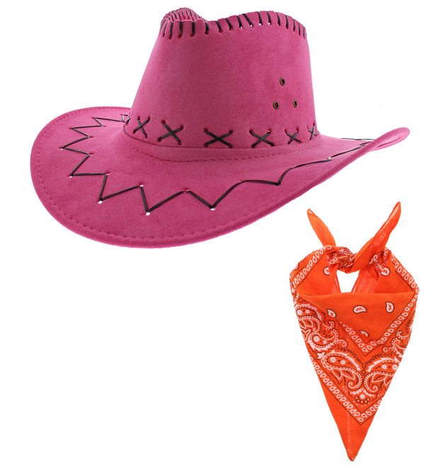 Assorted Colour 2 Piece Cowboy Set - Pink Hat, Assorted Bandanas