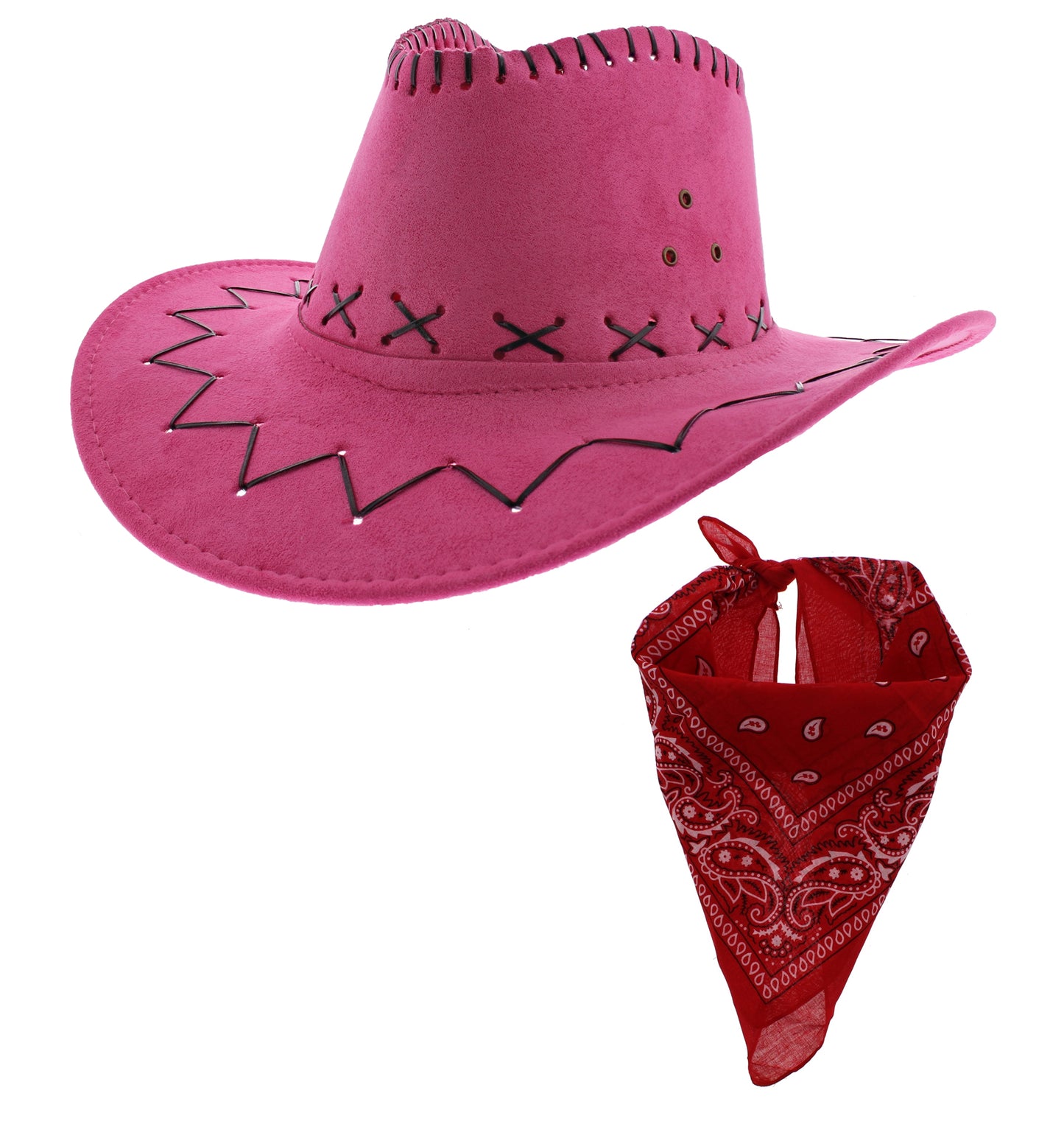 Assorted Colour 2 Piece Cowboy Set - Pink Hat, Assorted Bandanas