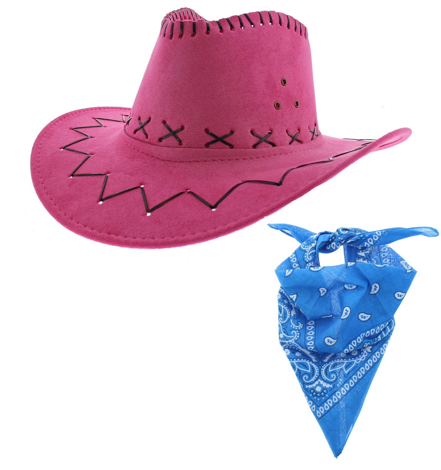 Assorted Colour 2 Piece Cowboy Set - Pink Hat, Assorted Bandanas