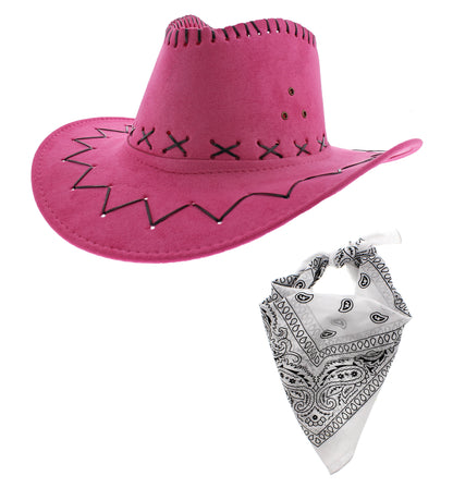 Assorted Colour 2 Piece Cowboy Set - Pink Hat, Assorted Bandanas