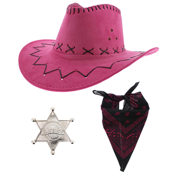 Assorted Colour 3 Piece Cowboy Set - Pink Hat, Assorted Bandanas