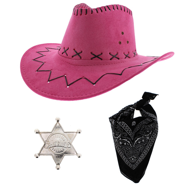 Assorted Colour 3 Piece Cowboy Set - Pink Hat, Assorted Bandanas