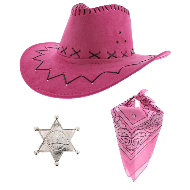 Assorted Colour 3 Piece Cowboy Set - Pink Hat, Assorted Bandanas