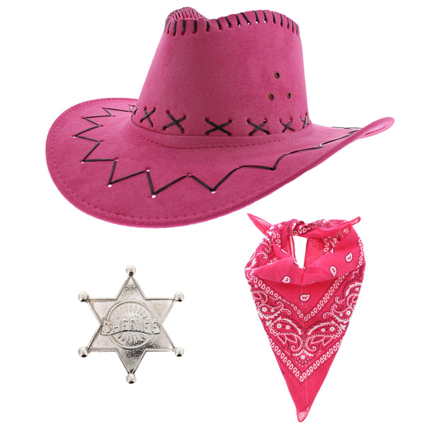 Assorted Colour 3 Piece Cowboy Set - Pink Hat, Assorted Bandanas