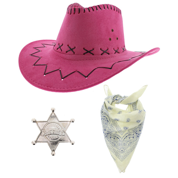 Assorted Colour 3 Piece Cowboy Set - Pink Hat, Assorted Bandanas