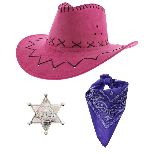 Assorted Colour 3 Piece Cowboy Set - Pink Hat, Assorted Bandanas