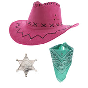 Assorted Colour 3 Piece Cowboy Set - Pink Hat, Assorted Bandanas