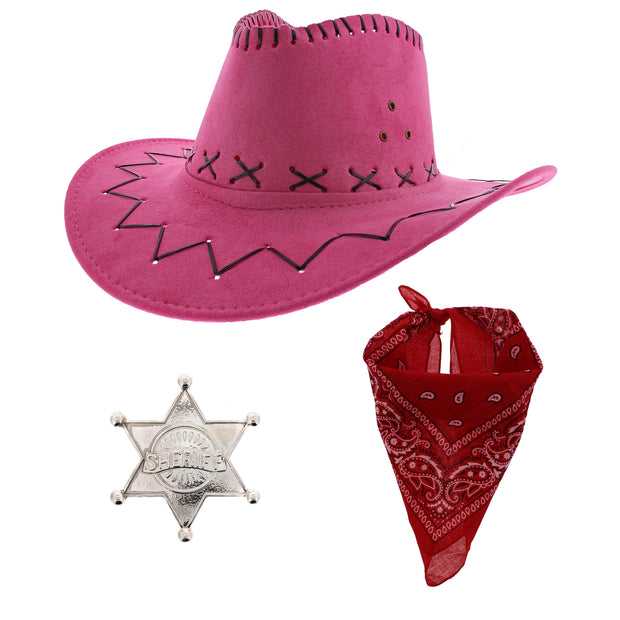 Assorted Colour 3 Piece Cowboy Set - Pink Hat, Assorted Bandanas