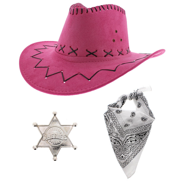 Assorted Colour 3 Piece Cowboy Set - Pink Hat, Assorted Bandanas