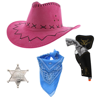 Assorted Colour 4 Piece Cowboy Set - Pink Hat, Assorted Bandanas
