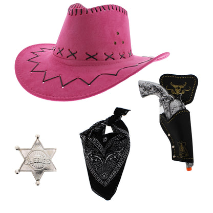 Assorted Colour 4 Piece Cowboy Set - Pink Hat, Assorted Bandanas
