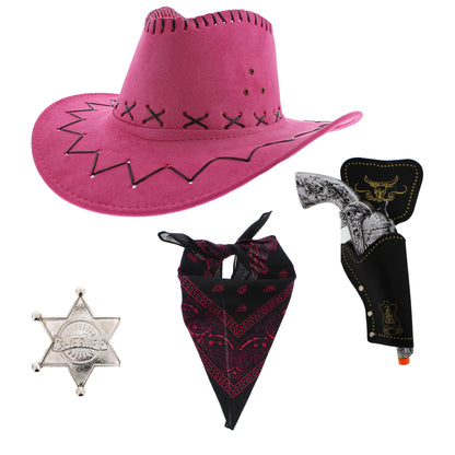 Assorted Colour 4 Piece Cowboy Set - Pink Hat, Assorted Bandanas