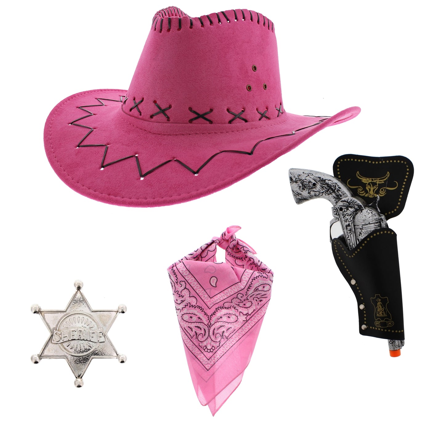 Assorted Colour 4 Piece Cowboy Set - Pink Hat, Assorted Bandanas