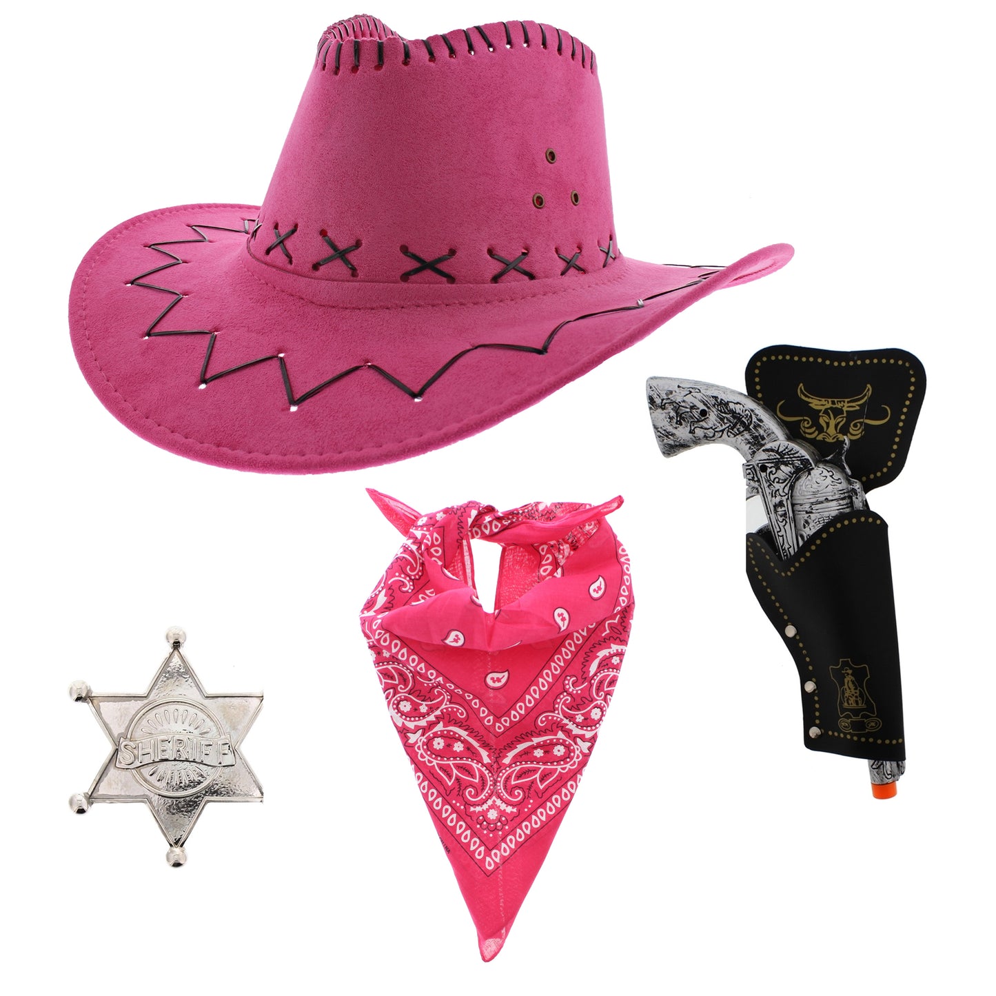 Assorted Colour 4 Piece Cowboy Set - Pink Hat, Assorted Bandanas