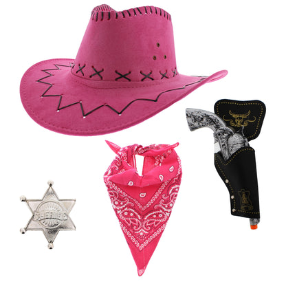 Assorted Colour 4 Piece Cowboy Set - Pink Hat, Assorted Bandanas