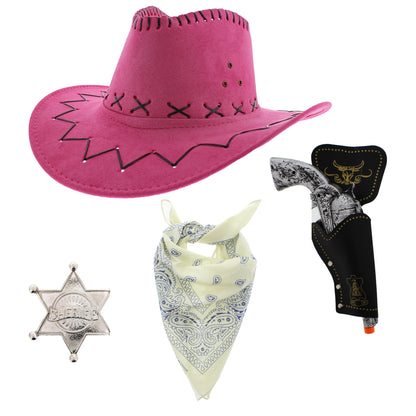 Assorted Colour 4 Piece Cowboy Set - Pink Hat, Assorted Bandanas